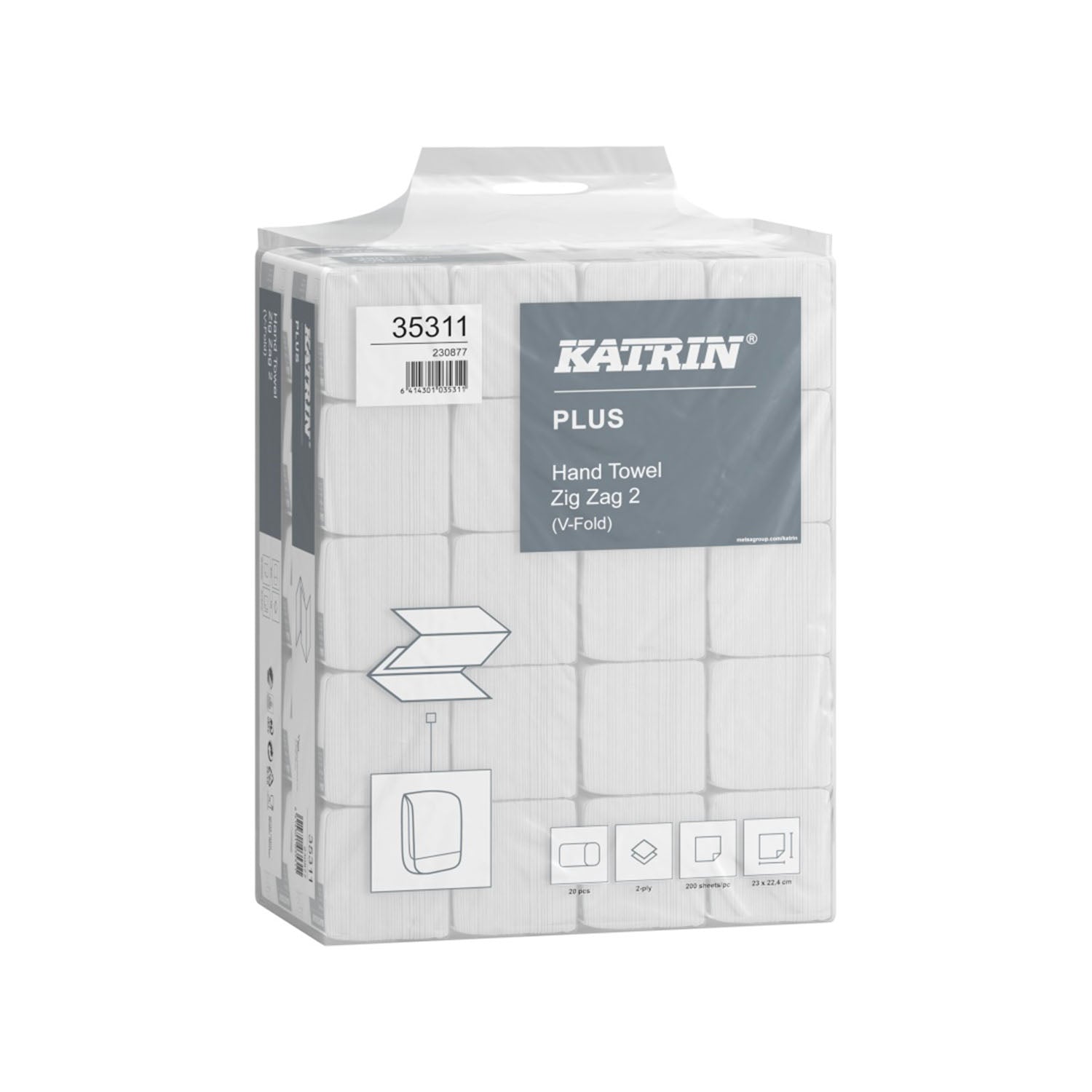 Katrin Plus Handy Pack Z-Z hajtogatott papírtörlő, 2 rétegű, cellulóz, 22,4 x 23 cm, 4 000 db, fehér